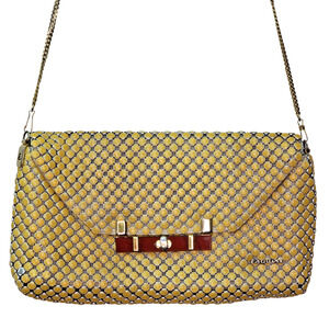 Vintage Esquire Clutch Bag Womens Yellow Beaded Chain Shoulder Purse Evening 70s